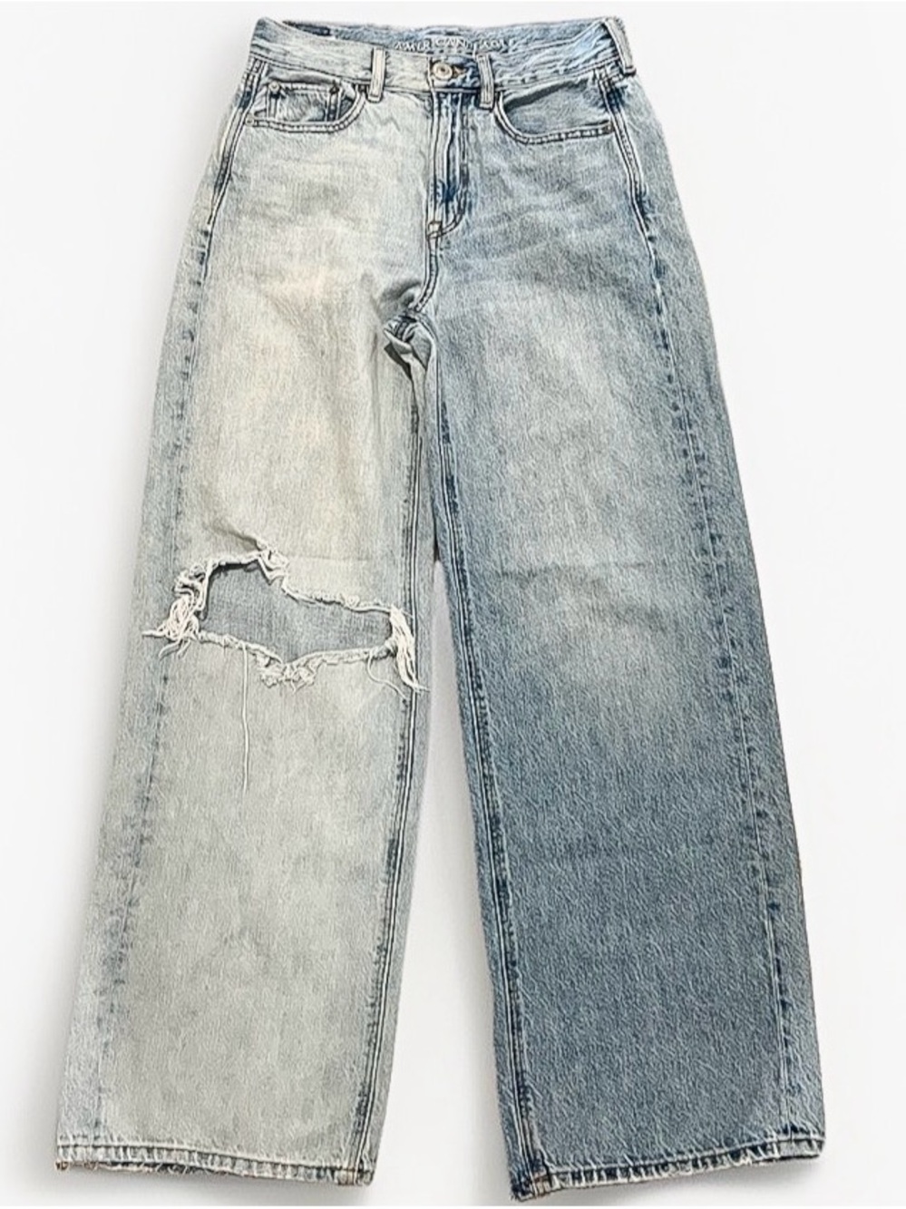American Eagle Two-Tone Distressed Wide-Leg Jeans - Light & Medium Blue